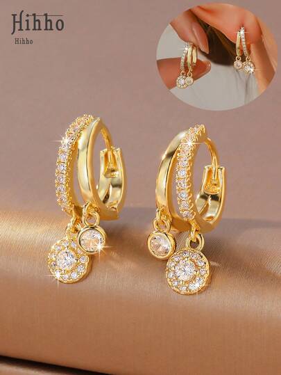 Hihho 1 Pair Minimalist Fashion Double-Layer Round Zirconia Stone Dangle Earrings, Luxury Elegant Design Everyday Jewelry Accessory, Suitable For Formal Wear, Parties, Gifts