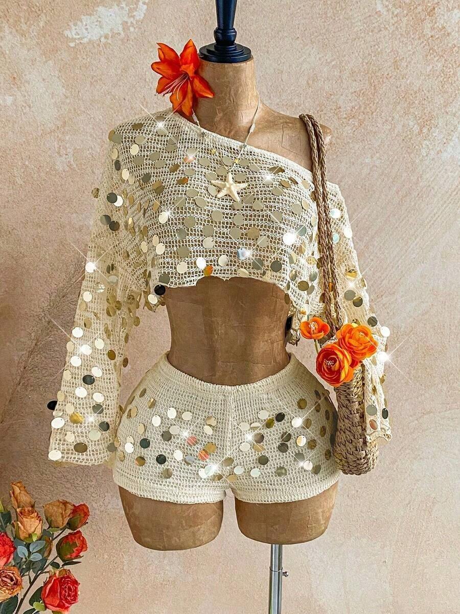 Conjunto de 2 piezas de top y shorts de cuello asimétrico de color sólido para mujer, estilo casual de vacaciones - Blanco - Ver 1