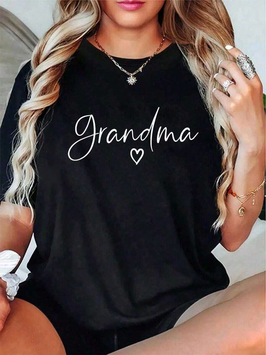 Camiseta 100% para Abuela con Diseño de Corazón, Cuello Redondo Casual, Manga Corta, Lavable a Máquina, Regalo Perfecto para el Día de la Madre para Mujeres, Ropa Casual para Abuela, Camiseta con Estampado Divertido, Regalo para el Día de la Madre. - Negro - Ver 1