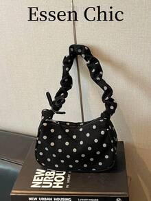 1pc Black Polka Dot Decor Corduroy Pleated Shoulder Underarm Bag For Women, Spring New Arrival - Black - View 7