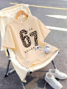 This Apricot-Colored Casual Round Neck T-Shirt Is Designed Specifically For Girls, Featuring A Creative Leopard Print 67 Pattern, Making It The Perfect Addition To Every Little Girl's Wardrobe. - Apricot - View 3