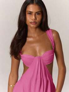 Mono con busto fruncido y pernera extra ancha para vacaciones de verano, estilo bohemio, para usar en bodas, citas, fiestas de primavera y eventos elegantes - Rosa - Ver 4