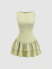 Sweetro Vestido mini de línea A con doble capa de volantes, sin mangas, en estilo vintage, romántico, elegante, juguetón, lindo, bohemio, para festivales de música, vacaciones, citas, trayectos y trabajo, apto para primavera/verano/otoño/invierno - Verde - Ver 8