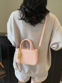 1 Stück rosa geflochtener Seilanhänger Metallcharm Dekoration PU weiches Leder Handtasche, Umhängetasche mit Reißverschluss Achseltasche kleine quadratische Tasche, Frühling/Sommer täglicher Arbeitsweg Einkaufen vielseitige Damen Schulter kleine Tasche - Pink - Übersicht 5