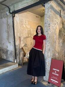 Solid Color Fitted Round Neck Short Sleeve T-Shirt For Women, Contrast Trim Cropped Top Casual Red - Red - View 5
