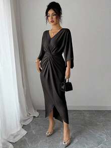 xheElenzga Vestido de manga de murciélago de punto elástico elegante con diseño de giro de cuello en V de longitud media para mujeresxhe - Negro - Ver 4