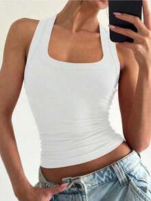 Camiseta sin mangas cuadrada Floreya para mujer, top casual de verano de ajuste ceñido sin mangas para capas, sencillo pero elegante, estilo deportivo, versátil para todas las estaciones en color blanco - Blanco - Ver 2