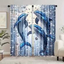 2 piezas de cortinas con estampado de delfines azules, crean una atmósfera marina, adecuadas para dormitorio o sala de estar, tela de poliéster lavable a máquina, estilo de bolsillo para barra, protección de privacidad, cortinas decorativas para todo el año - Multicolor - Ver 2