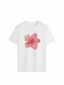 Camiseta de cuello redondo holgada con estampado de hibisco de lavado ácido blanco, adecuada para verano, playa y vacaciones casuales MOVH - Blanco - Ver 5