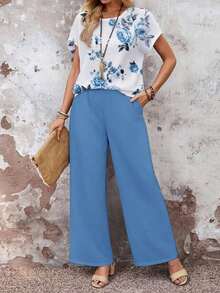 Set de 2 piezas con top de manga corta y pantalón de pierna ancha con estampado geométrico para mujer - Azul y blanco - Ver 6