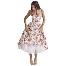 Sweetheart Neck Satin Midi Dress, Spaghetti Strap Flared Prom Dress With Pockets For Wedding & Formal Events - Red Flowers - View 3