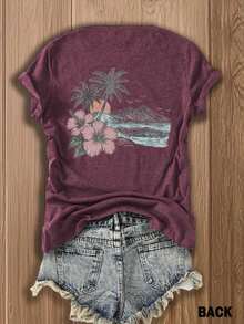 Camiseta con Estampado de Doble Cara "Paraíso Tropical" |   Diseño Exótico de Flores y Palmeras para Amantes de la Playa |   Ropa de Verano y Vacaciones en Mezcla de Algodón Suave - Burdeos - Ver 3