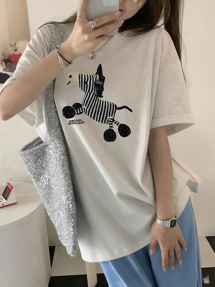 日系女式夏季宽松圆领休闲字母卡通狗印花短袖T恤 - 淺花灰 - 查看 1