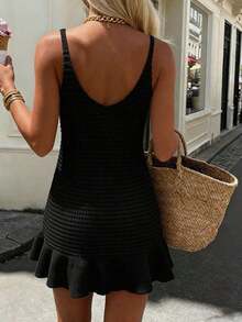 Vestido de punto sin mangas con cuello en V y espalda descubierta para primavera/verano, estilo casual para vacaciones en la playa. - Negro - Ver 2