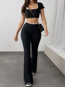 Conjunto informal de primavera y verano para mujer con top negro corto de cuello redondo y pantalones acampanados, conjunto de 2 piezas con ribete de contraste, adecuado para salir - Negro - Ver 7