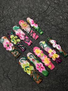 Juego de 10 piezas de uñas postizas de 5.5 cm con forma de ataúd hechas a mano con decoraciones de strass, lunares, enredaderas y flores. Adecuado para mujeres y niñas, perfecto para el Día de San Valentín, fiestas, vacaciones y uso diario. Accesorios para uñas, uñas - Multicolor - Ver 3