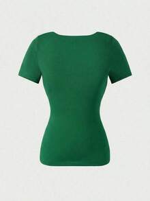Blusa de manga corta y cuello redondo casual y elegante, adecuada para uso diario, ir al trabajo y salir, primavera/verano - Verde - Ver 7