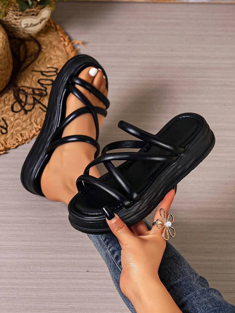 Sandal nữ, Sandal nữ tối giản màu trắng đế dày nhiều quai - Đen 1 - Xem 1