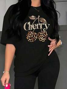 Camiseta Casual de Manga Corta para Mujer Semetransparente, Tela ligera  Estampado de Leopardo y Cerezas, Negra con Detalles Dorados Brillantes, Elasticidad Media semitransparente ligera  Lavable en Máquina, Comodidad Todo el Año - Negro - Ver 7