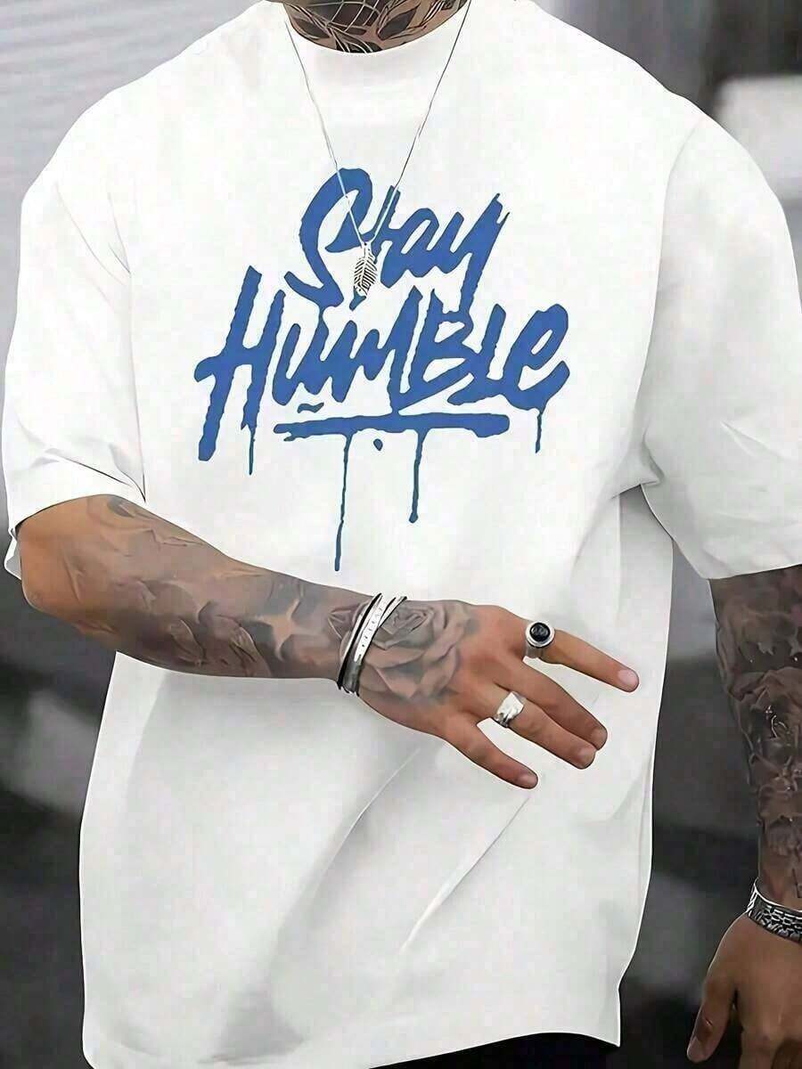 "Stay Humble" Blue Letter Pattern T-Shirt, Cotton T-Shirt, 220g Cotton, Comfortable, For Running Errands, Lounging Or Outdoor Fun, 100% Comfortable Cotton - 白色的 - 查看 1