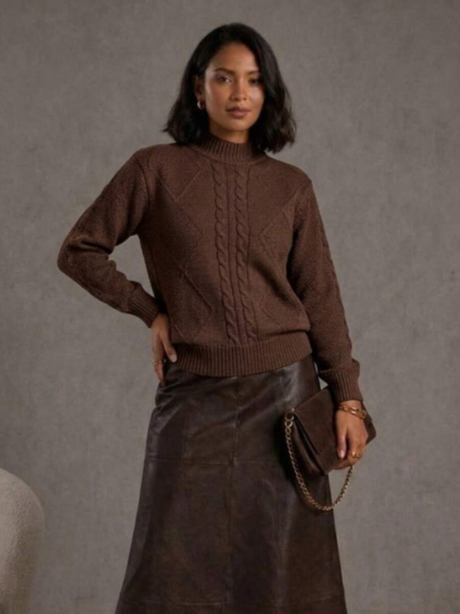 Women's Modal Knit Winter Blouse With Braided High Neck, Modern Style - Rust Brown - View 1
