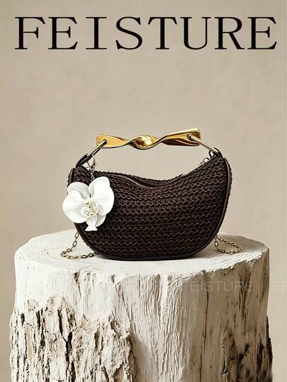 Brown Woven Mini Handbag With Twisted Metal Handle & Orchid Charm