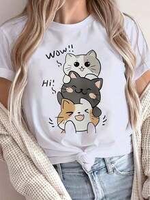 Mujer camiseta casual kawaii con estampado de gatos animados, tejido suave, diseño holgado, cuello redondo, manga corta, primavera verano, uso diario, camiseta - Blanco - Ver 1