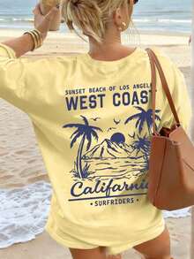 Women's Short-Sleeved T-Shirt With A Round Neck, Casual Summer Style, Minimalist And Versatile Palm Tree Print, Suitable For Everyday Wear. Printed T-Shirt, White Top For Women, Black Top, Pink Top, Vacation Outfit - 黃色 - 查看 5