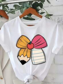 Women's Short-Sleeved Cotton T-Shirt, Fun Teacher Gift, Apple Bow T-Shirt, Casual Short-Sleeved Round Neck Top, Fabric Clothing, Fashionable Women's Clothing. - 白色 - 查看 1
