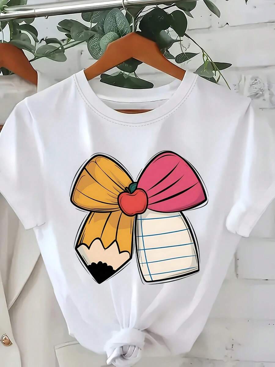 Women's Short-Sleeved Cotton T-Shirt, Fun Teacher Gift, Apple Bow T-Shirt, Casual Short-Sleeved Round Neck Top, Fabric Clothing, Fashionable Women's Clothing. - 白色 - 查看 1