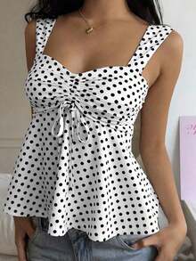Nueva Colección Primavera/Verano 2026 para Mujer: Blusa/Top sin Mangas con Volantes y Cordón Ajustable, Estampado de Lunares Marrones, Estilo Casual y Versátil, Top de Verano - Blanco - Ver 2