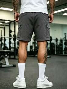 男士夏季薄款拼色印花休閒短褲，寬鬆嘻哈戶外沙灘褲 - 深灰色 - 查看 2