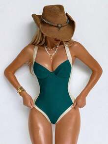 Traje de baño de una pieza con control de abdomen, con abertura lateral, push-up y efecto estilizante, en marrón y beige para mujer - Agua verde azul - Ver 7