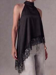 Top de tirantes negro para mujer, bajo asimétrico, diseño sin espalda, con ribete de encaje en contraste, longitud regular para verano - Negro - Ver 4