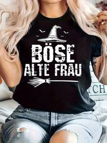 Camiseta casual de mujer talla grande, con estampado BOSE ALTE FRAU, cuello redondo, manga corta, tela ligeramente elástica, estilo regular, top cómodo para todas las estaciones. - Negro - Ver 6