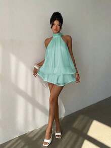 Elegant Women's Mini Dress With Halter Neck And Bow In Light Yellow - Mint Green - View 6