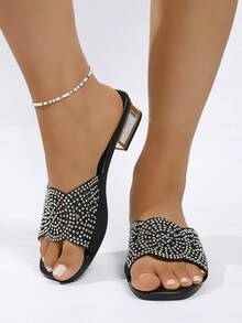 Women's Metallic Glamorous Style Rhinestone Criss-Cross Strap Slide Sandals, Party, Holiday, Wedding, Outdoor Wear, Spring/Summer, Square Toe, Metallic Plated Low Heel, Slip-On, Open Toe, Shiny - Black 4 - View 4
