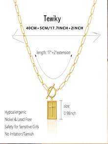 1-Piece Gold And Silver Cross Pendant Necklace For Women, Toggle Clasp Rectangle Cross Charm Necklace, Dainty Paperclip Chain Religious Jewelry Gift For Christian Faith, Baptism, First Communion, Zinc Alloy Material - Multicolor - View 3