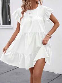 QRHJKa Vestido de Verano para Mujer, Color Sólido, Cuello Redondo, Estilo Babydoll Holgado con Volantes, Traje de Playa para Vacaciones, Vestido Casual Amarillo para Mujer, Vestido de Vacaciones, Ropa de Verano para Mujer - Blanco - Ver 5