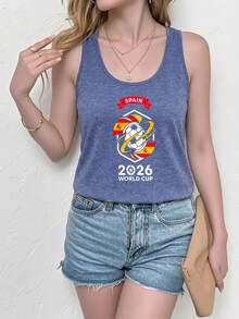 Spain 2026 World Cup Soccer Summer Tops, Summer Clothes, 2026 World Cup Blokecore Women's Casual Tank Top, Vintage Football Jersey Tee & 90s Retro Graphic Tee Style, Cotton Blend Soft Breathable Sleeveless T Shirt, Fan Must-Have - 藏蓝色 - 查看 3