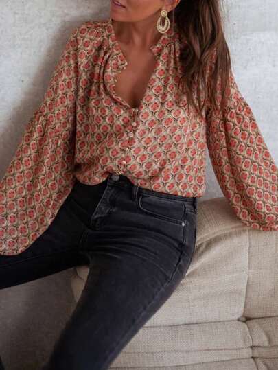 Elegant Woven Fabric Rhombus Print Vacation Style French Casual Shirt, Suitable For Casual Dates And Everyday Wear Spring