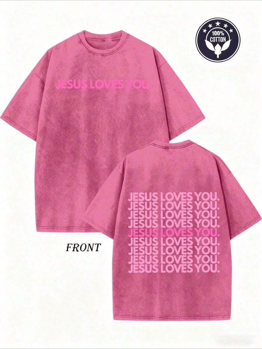230GSM T-Shirt With Intense Wash Effect - Religious Print T-Shirt 'Jesus Loves You', Lettering In Pink, Green And Pink With Double-Sided Print - Christian Clothing, Unisex Crew Neck Top, Suitable For Church, Casual Wear, Ideal For Gifting - Y2K Soft And Machine Washable Crew Neck T-Shirt. - 藏蓝色 - 查看 1