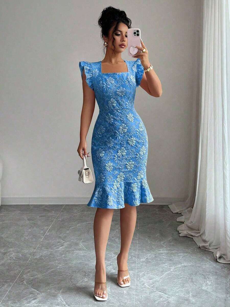 Vestido elegante de jacquard para ir al trabajo, verano - azul real - Ver 1