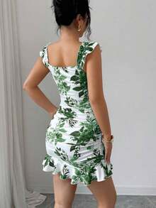 Vestido con volantes en el bajo y hombros descubiertos con estampado de lunares vintage, elegante y sexy vestido de verano con estampado floral pequeño y espalda descubierta al estilo francés - Verde - Ver 2