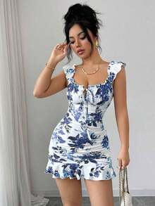 Vestido camisero con volantes en el bajo y hombros descubiertos, estilo vintage con estampado - Vestido entallado de línea A - Gris hierro - Ver 5