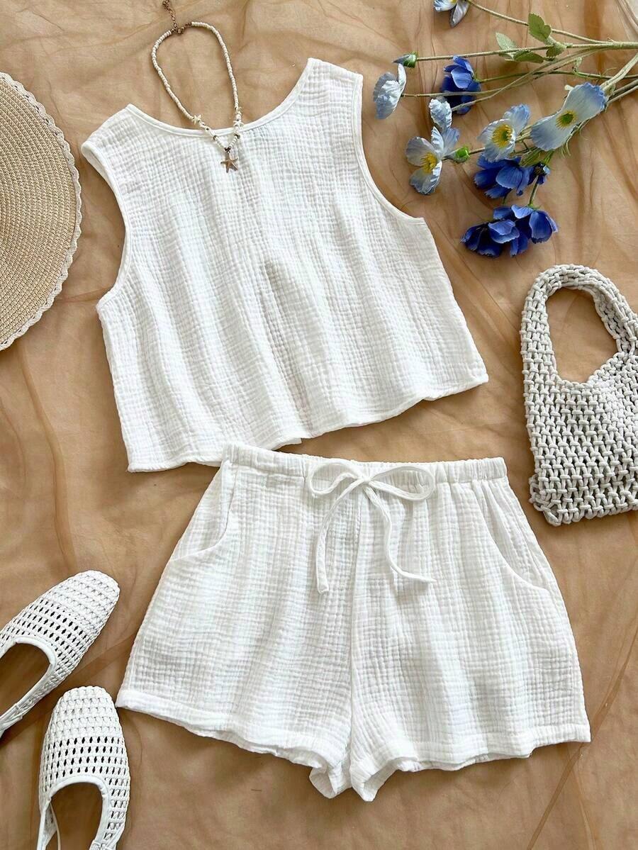 Top sin espalda con textura y lazo, holgado y casual para vacaciones, shorts casuales con elástico en la cintura y bolsillos, para playa y mar - Blanco 2 - Ver 1
