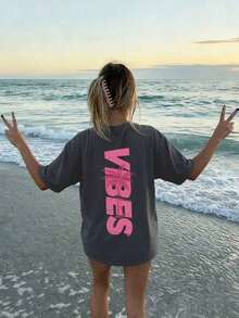 Women's Short-Sleeved T-Shirt With A Round Neck, Featuring A Minimalist Coconut Tree Print And Slogan. Simple And Versatile, Suitable For Everyday Wear And Vacations. Graphic T-Shirt, Women's, White, Black, Pink, Summer - 深灰色 - 查看 6