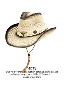 1pc Bull Star Retro Pattern Casual Bohemian Rivets Bow Straw Sun Hat, Versatile For Vacation, Sun Protection, Suitable For All Seasons, Unisex - Gem - View 27
