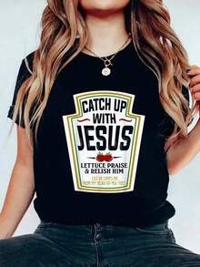 Camisetas Cristianas Divertidas, Regalos Cristianos, Camiseta con Estampado "Catch Up With Jesus", Camiseta de Manga Corta con Cuello Redondo para Mujer, Camisetas Gráficas de Moda, Top para Mujer, Transpirable y Cómodo - Negro - Ver 6