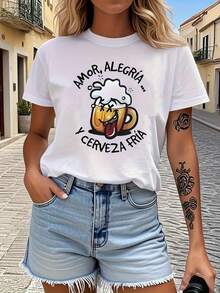 Estilo de vida divertido: 'AMOR, FELICIDAD Y CERVEZA FRÍA' en español. Camiseta estampada con eslogan 'Amor y cerveza fría' para mujeres, manga corta, cuello redondo, top casual para primavera y verano. - Blanco - Ver 5